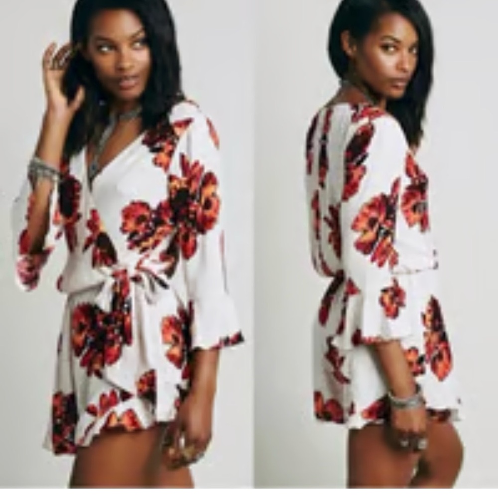 Free People cream large red flower jumpsuit